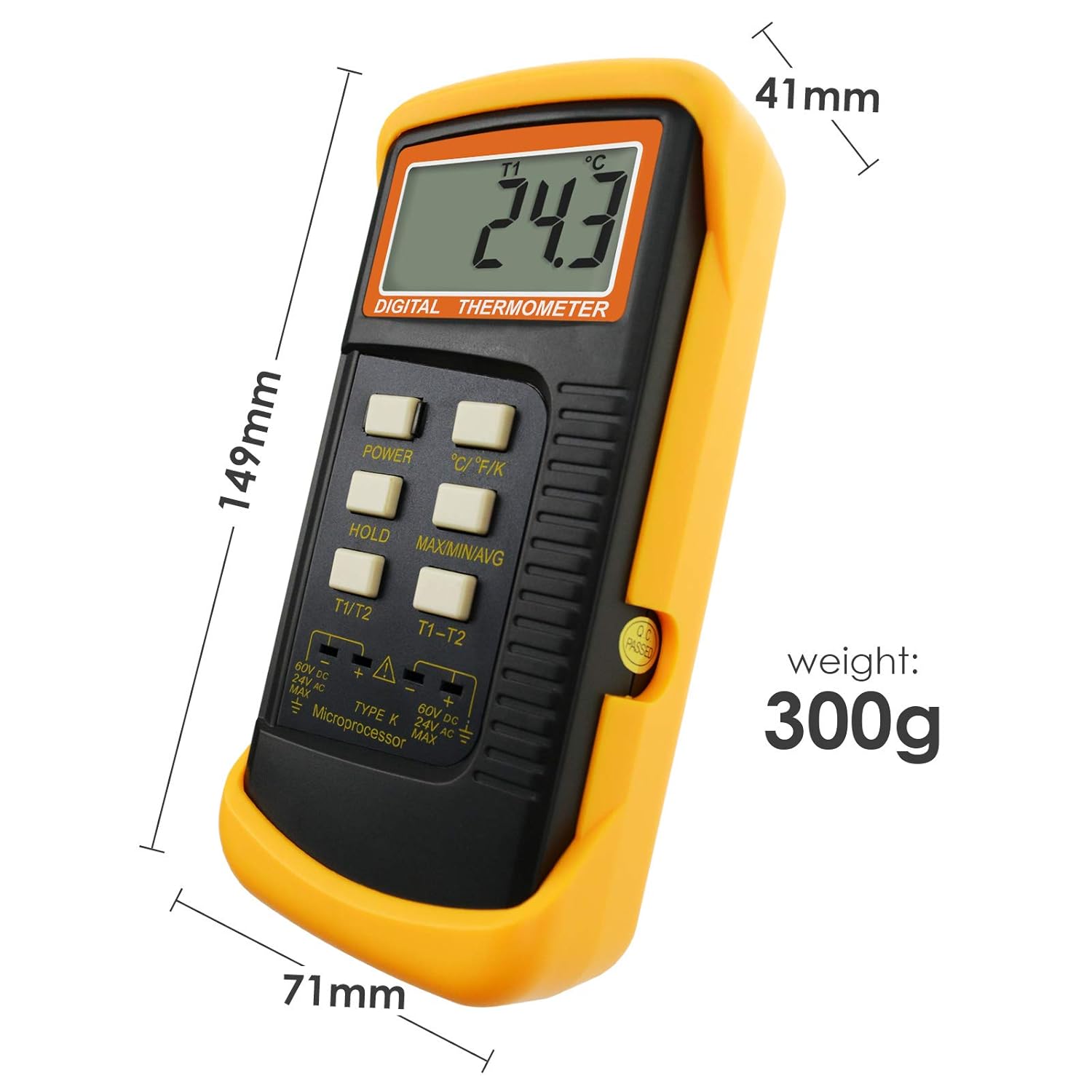 2 Channels K-Type Thermometer with 4 Stainless Steel Thermocouples, -50~1300°C Handheld Desktop Meter K15344