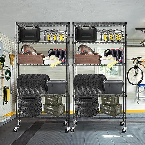 Black 6 Tier Adjustable Metal Wire Shelving Rack with Wheels I971