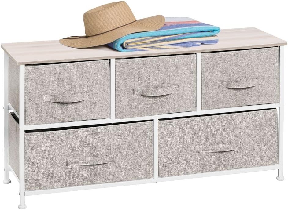 5 Removable Fabric Drawers Pink White Steel Frame Wood Top Toy Storage Dresser V292