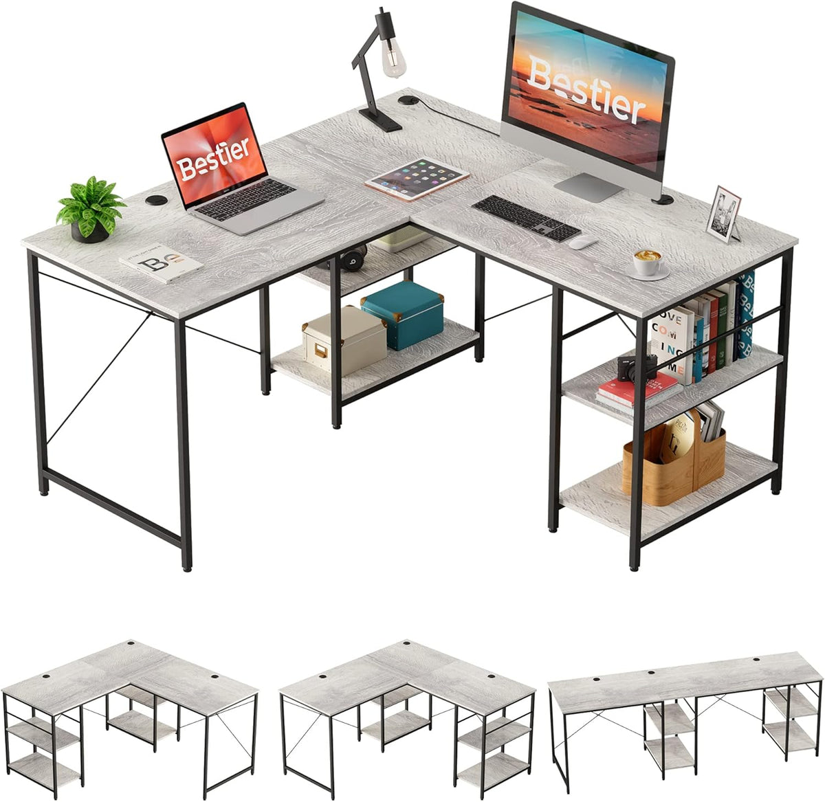 Rustic Brown L Shaped Desk with Shelves F74291