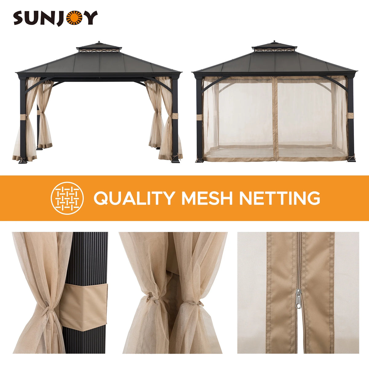 Black 2-Tier Aluminum Hardtop Gazebo with Netting E720034