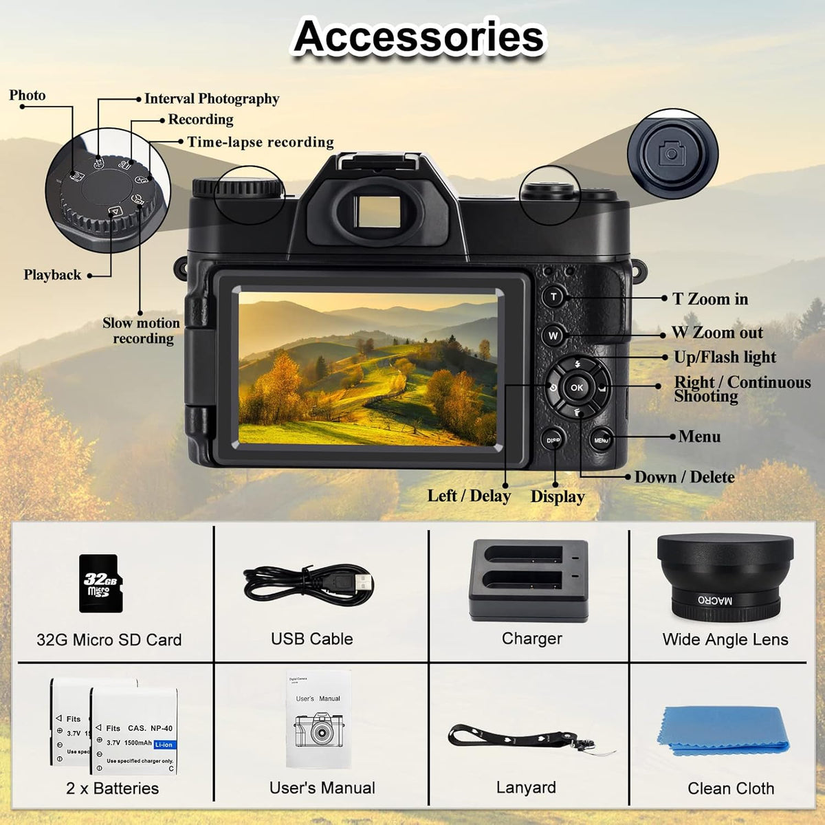 4K 48 MP WiFi Digital Camera with 16X Digital Zoom 3.0 Inch Flip Screen (32GB & 2 x Batteries) D686