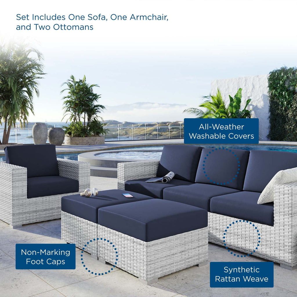 Lounge Sectional Sofa Chair Set, Rattan, Wicker, Light Grey Gray Blue Navy, Outdoor Patio Balcony Cafe Bistro Garden Furniture Hotel Hospitality M977891