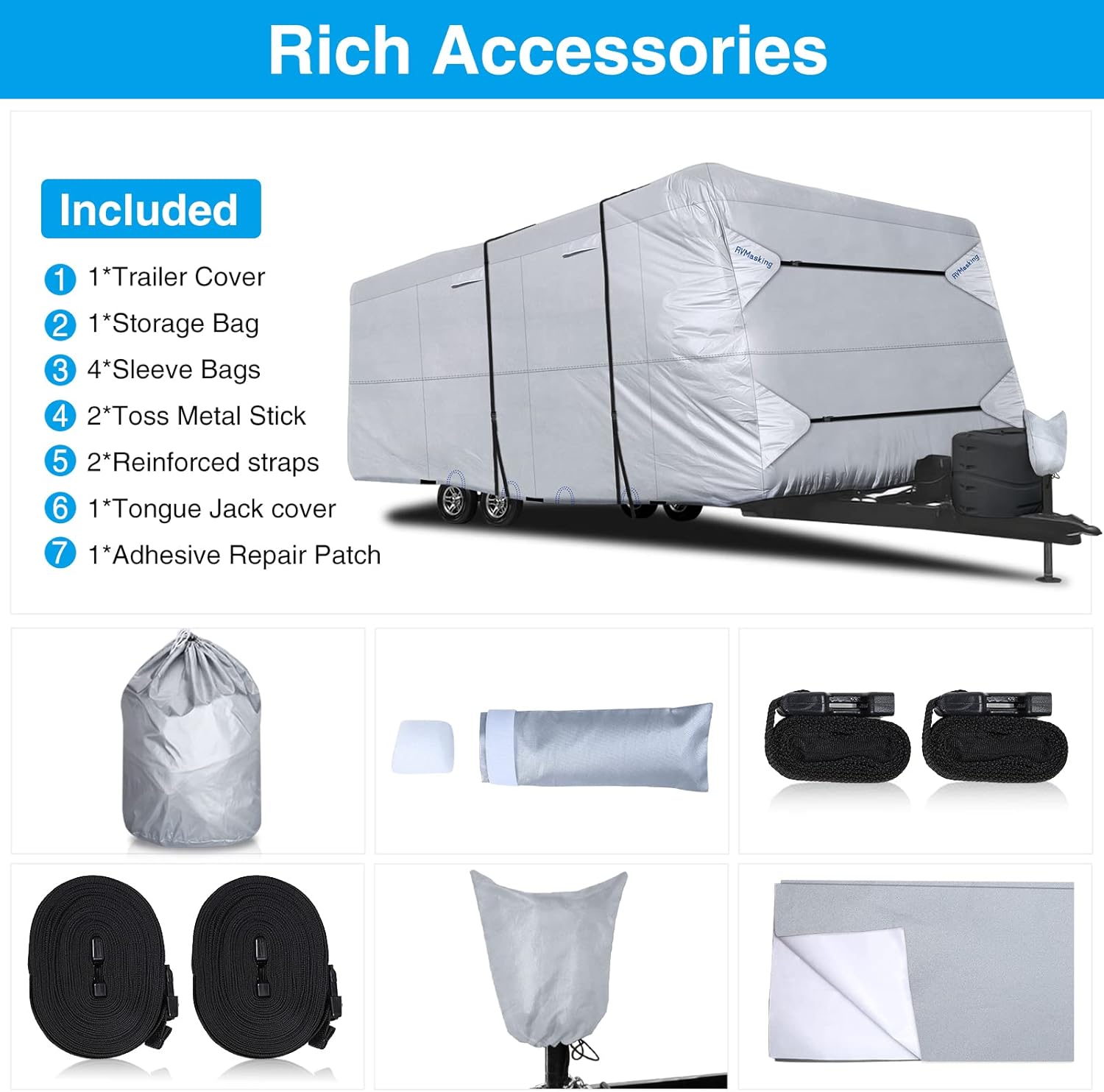 Rip-Stop RV Cover Windproof Waterproof Travel Trailer Cover Fits 18'1" - 20' Long with Gutter Covers X86712