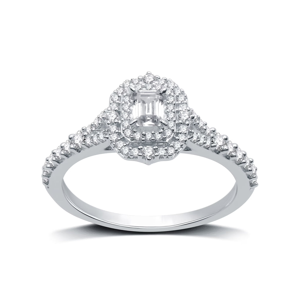 Emerald Shape Solitaire Halo Engagement Ring in Sterling Silver N5518