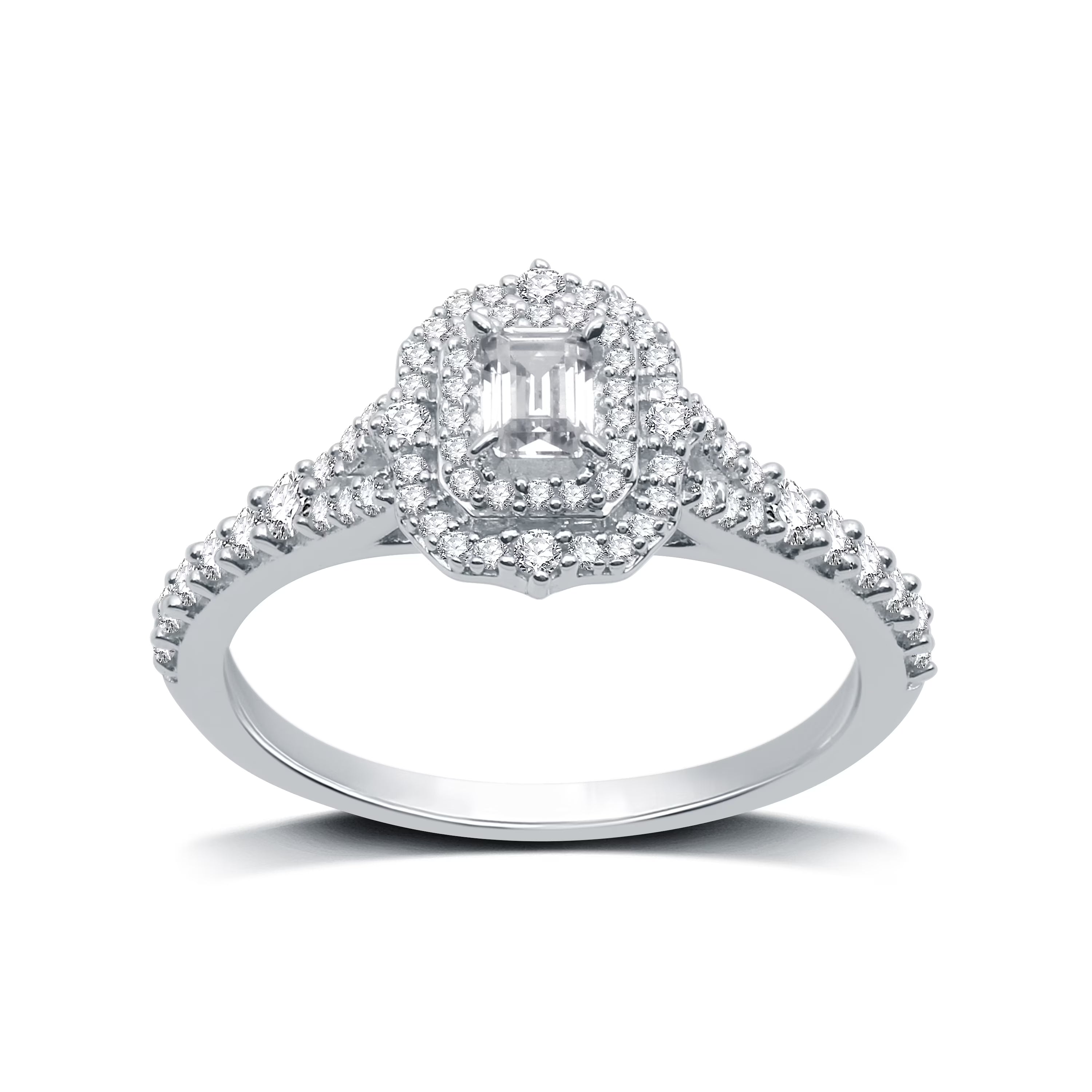 Emerald Shape Solitaire Halo Engagement Ring in Sterling Silver N5518