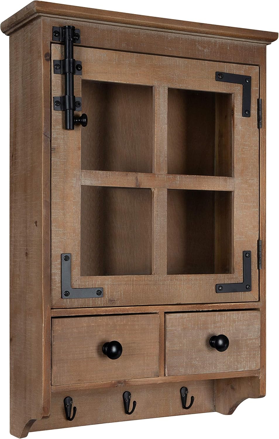 Rustic White Wood Wall Cabinet with Glass Door and 2 Drawers I674