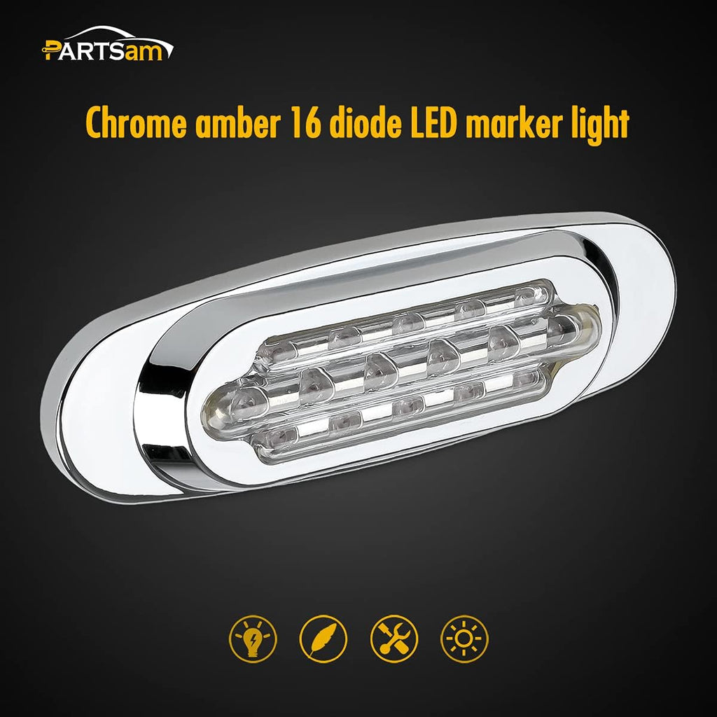 14Pcs 6-1/2 Clear/Amber 16-LED Trailer Side Marker and Turn Signal Lights Chrome Flush Mount Sealed Replacement Pack of 2 O2877