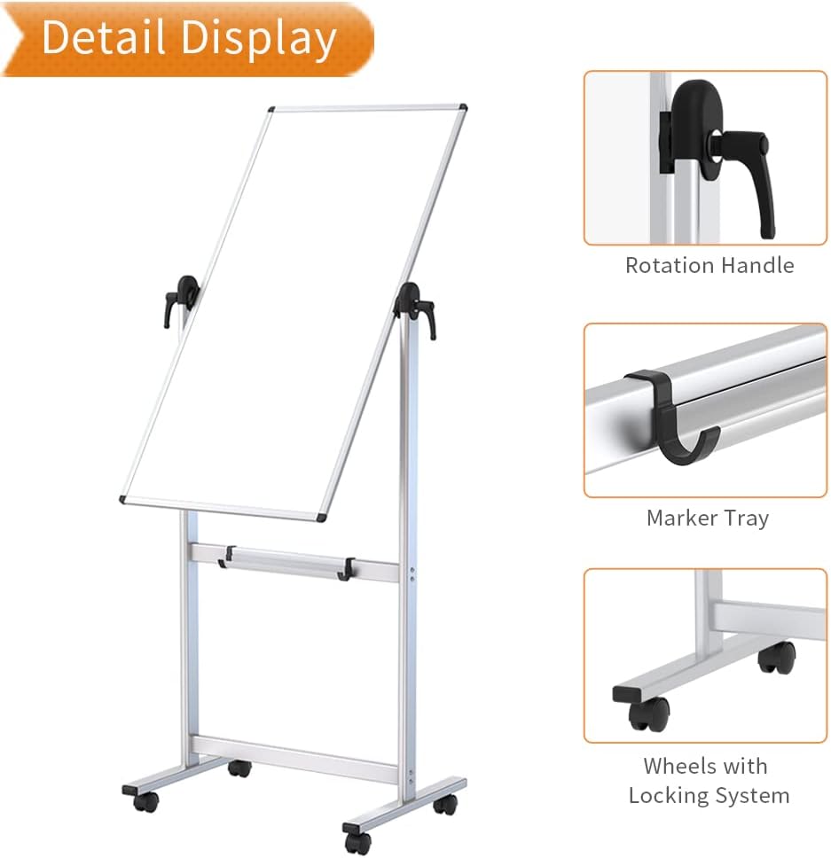 Double-sided Magnetic Mobile Whiteboard, 48 x 24 Inches, Aluminium Frame and Stand S53282