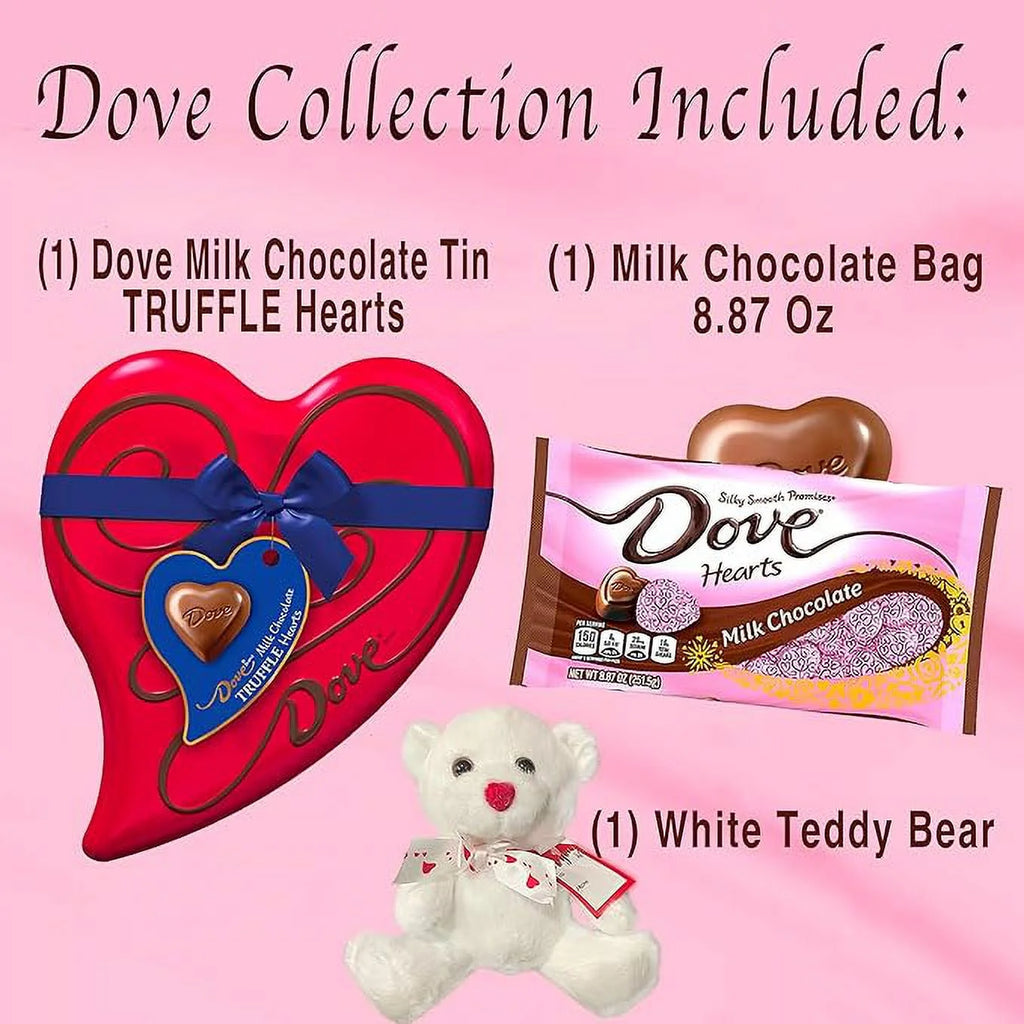 Milk Chocolate Candy Heart Tin, Milk Chocolate Bag and White Teddy Bear M501