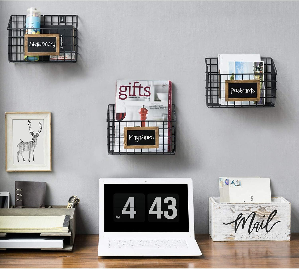 Whitewashed Wood Tabletop Mail Holder Box and 23 Inch Freestanding Book Case, 5 Compartments Display Shelf Rack, White Pack of 2 K7868