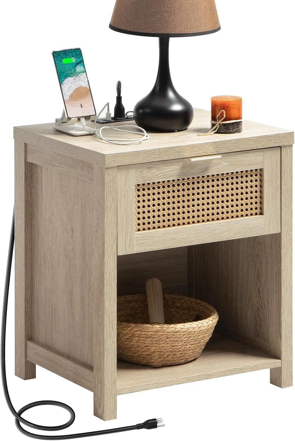 Farmhouse Nightstand with Charging Station Wood Drawer Accent Bedside Table with USB Ports Outlets End Table E5494