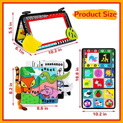Tummy Time Mirror with Soft Crinkle 3D Cloth Book and Teethers Toys, Black and White Sensory Toys J92954