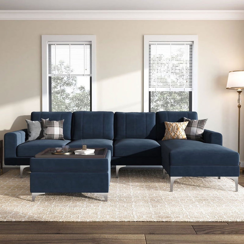 Dark Blue Velvet Convertible Sectional Sofa with Storage Ottoman R985