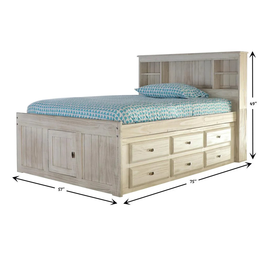 Solid Pine Full Captains Bookcase Bed with 6 Drawers in Light Ash S14969