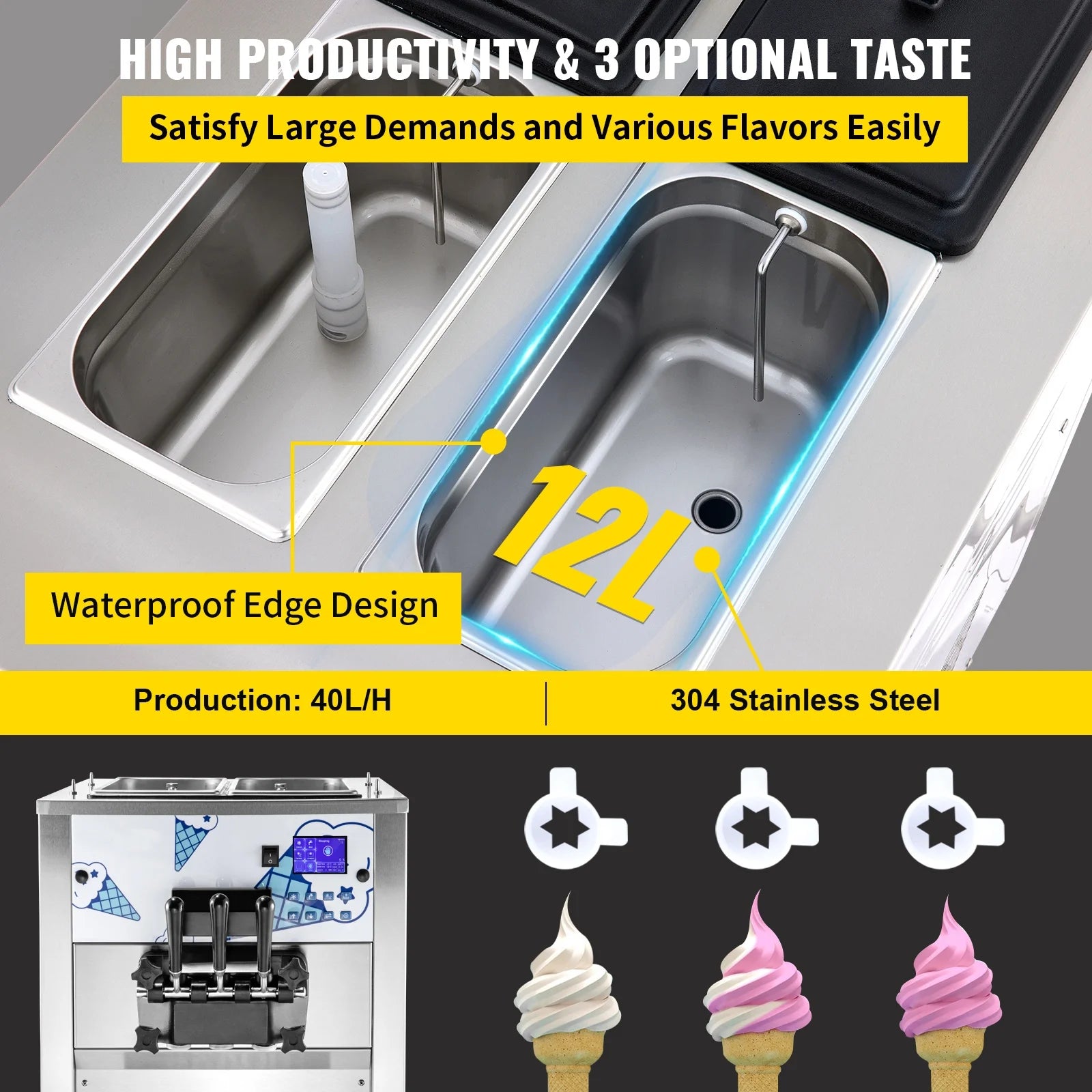 Commercial Ice Cream Maker 2500W with Two 12L Hoppers Soft Serve Machine with 3 Flavors Compressor LCD Panel O970455