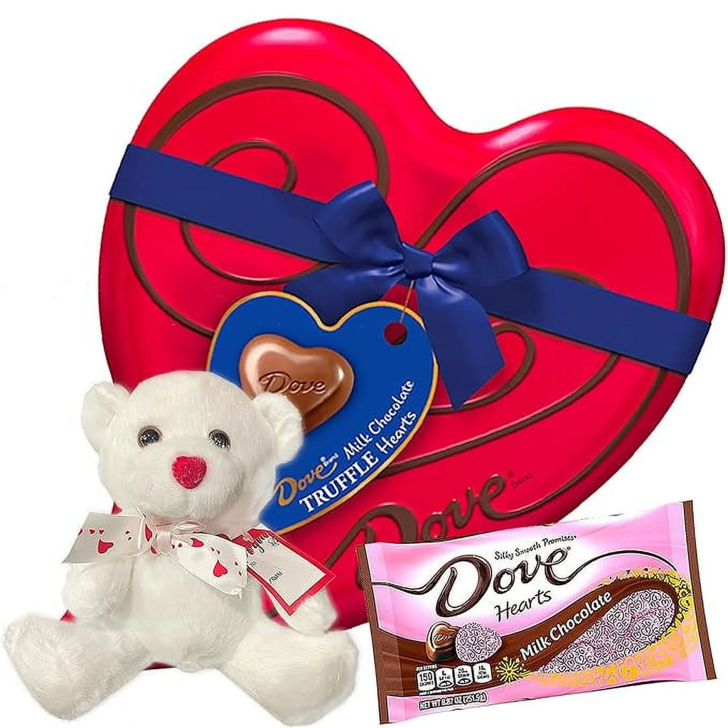 Milk Chocolate Candy Heart Tin, Milk Chocolate Bag and White Teddy Bear M501