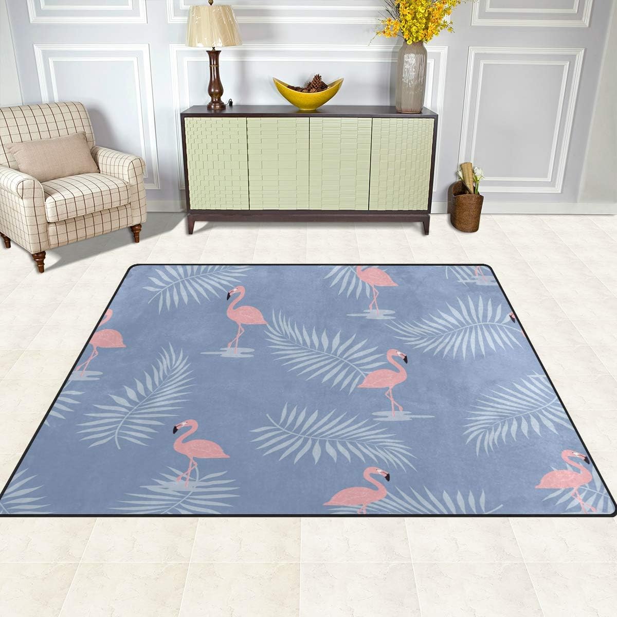 Pink Flamingo with Palm Leaves Lightweight Area Rug U886452