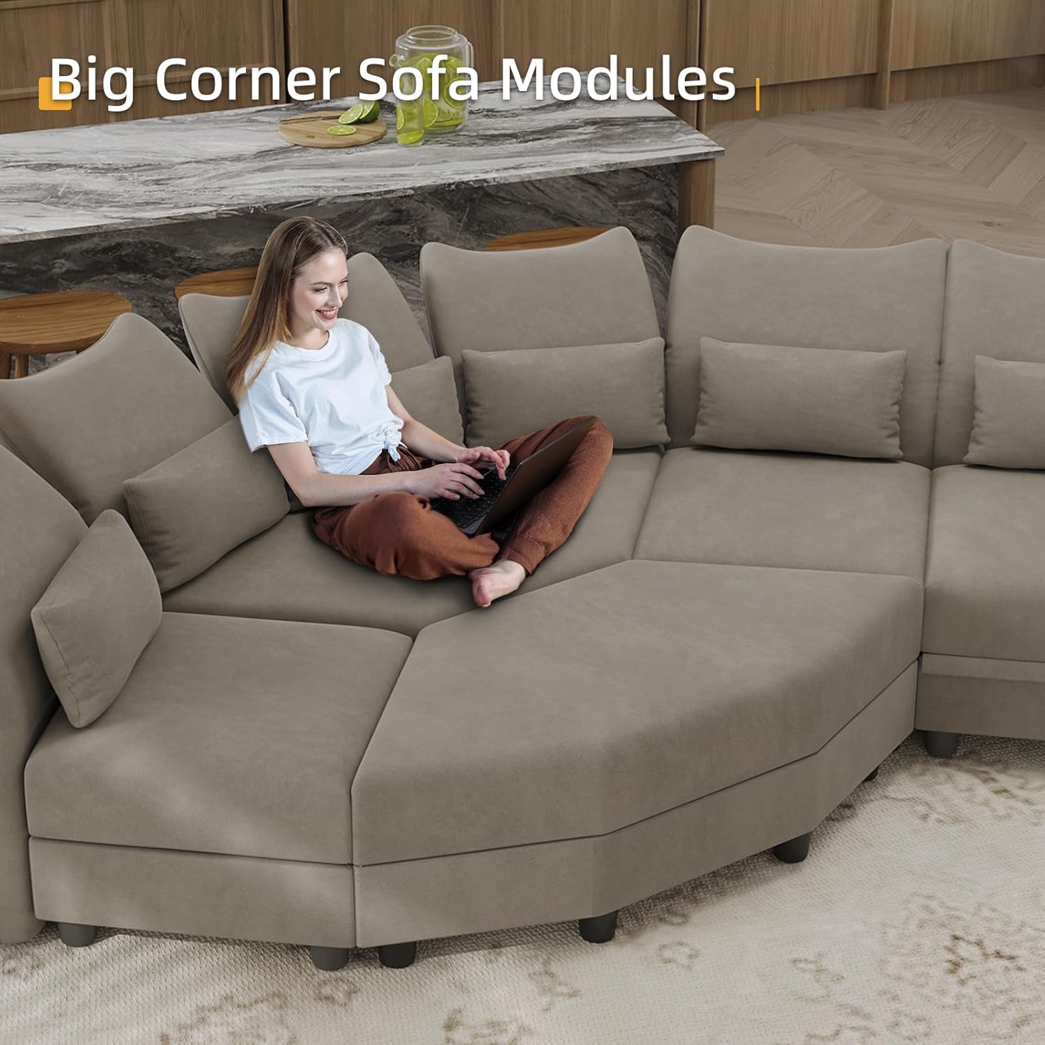 Brown Velvet Modular Sectional Sofa L Shaped Corner Couch with Storage Chaise V494