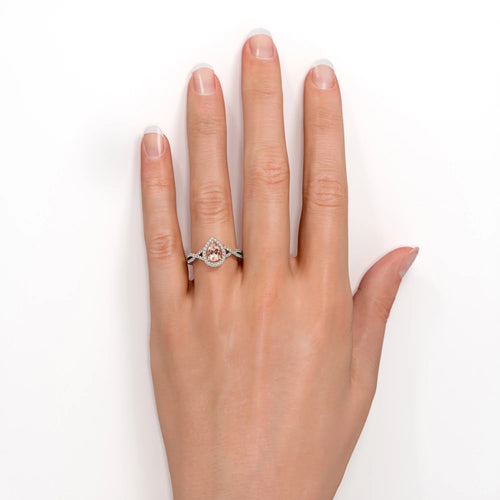 1.75 Carat Pear Cut Created Morganite and Moissanite Engagement Ring in 18k Gold Over Sterling Silver J542