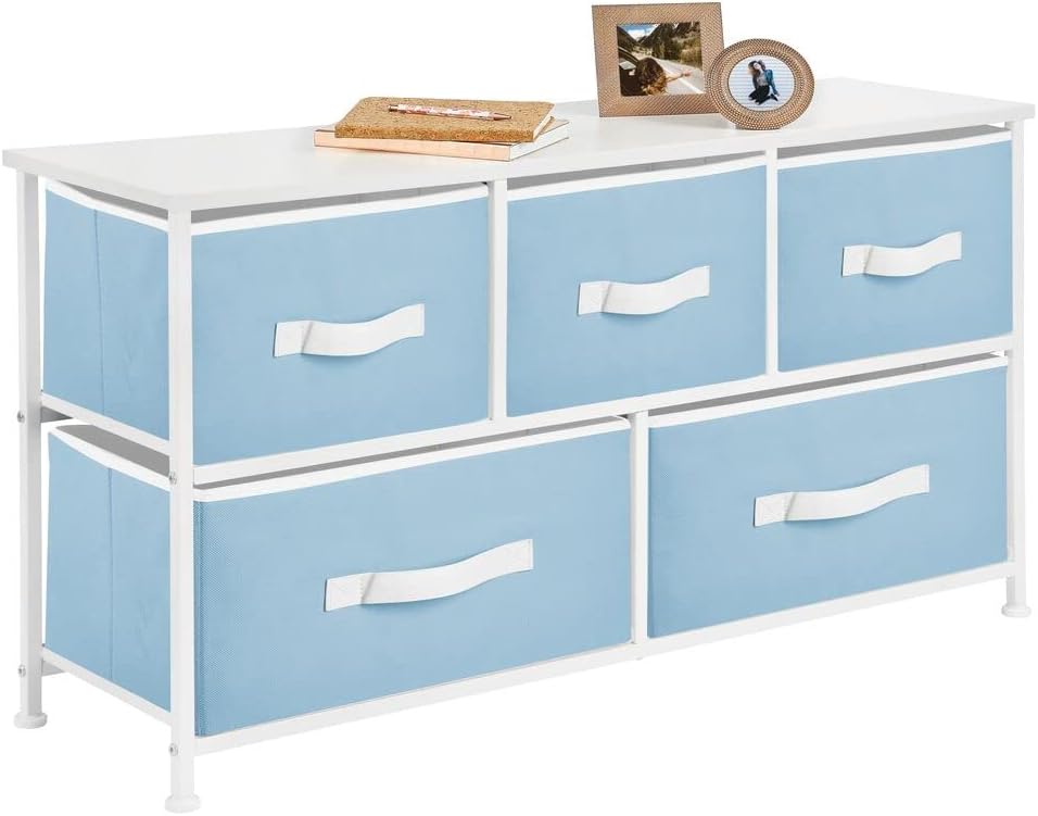 5 Removable Fabric Drawers Pink White Steel Frame Wood Top Toy Storage Dresser V292