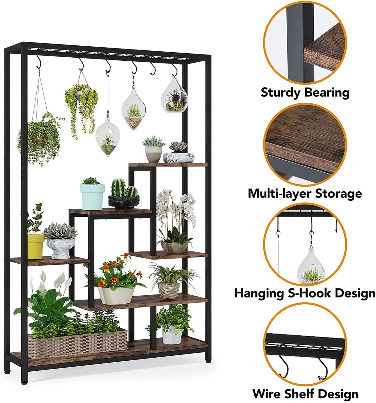 5-Tier Metal Plant Stand with 10 Hanging Hooks L76930