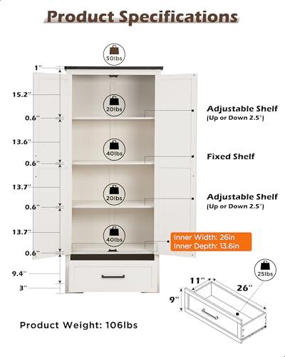 White 72" Tall Wood Rustic Storage Cabinet with Adjustable Shelves and Drawer A2506