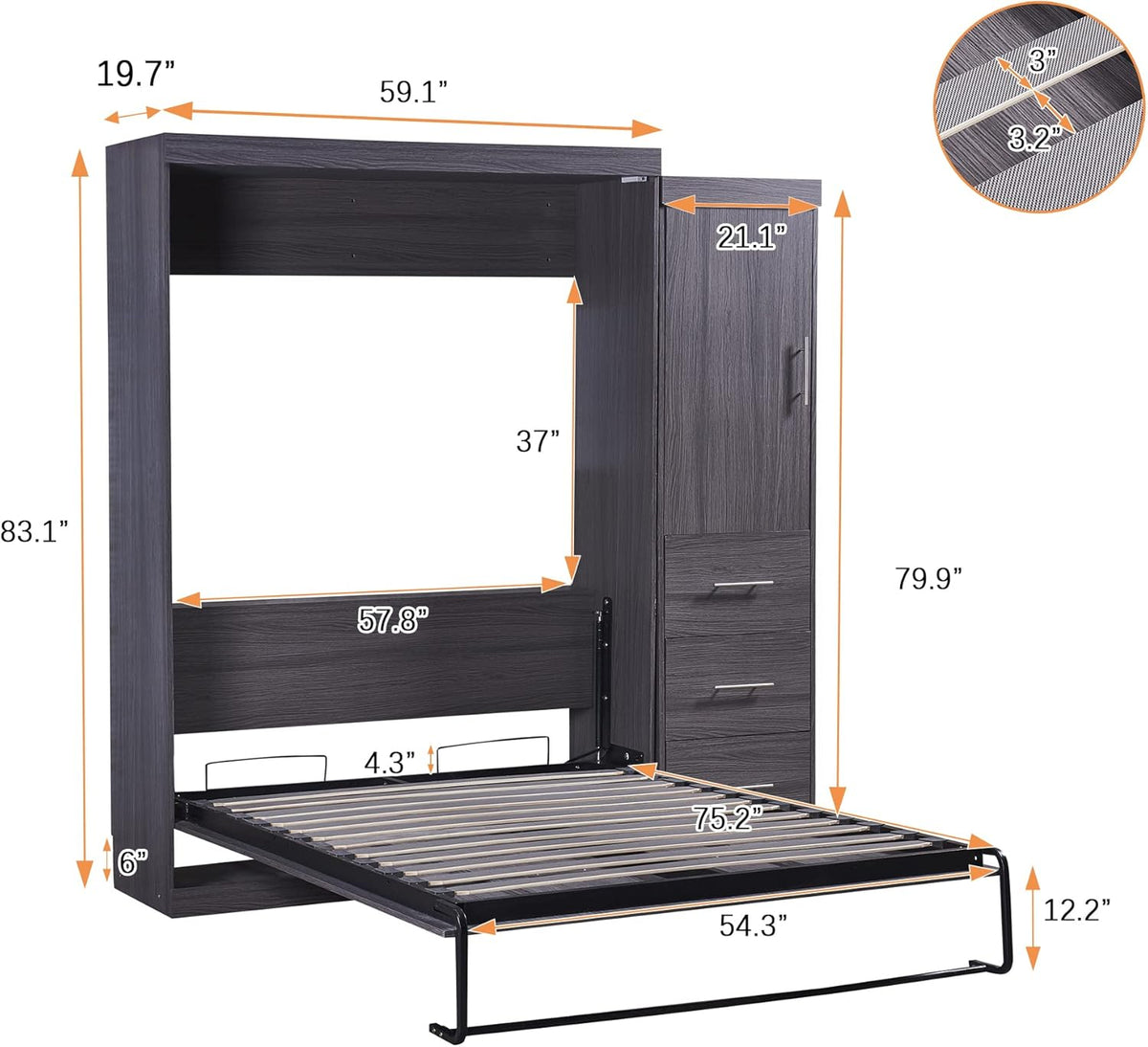 Full Size Wood Murphy Bed with Wardrobe and Drawers Y196