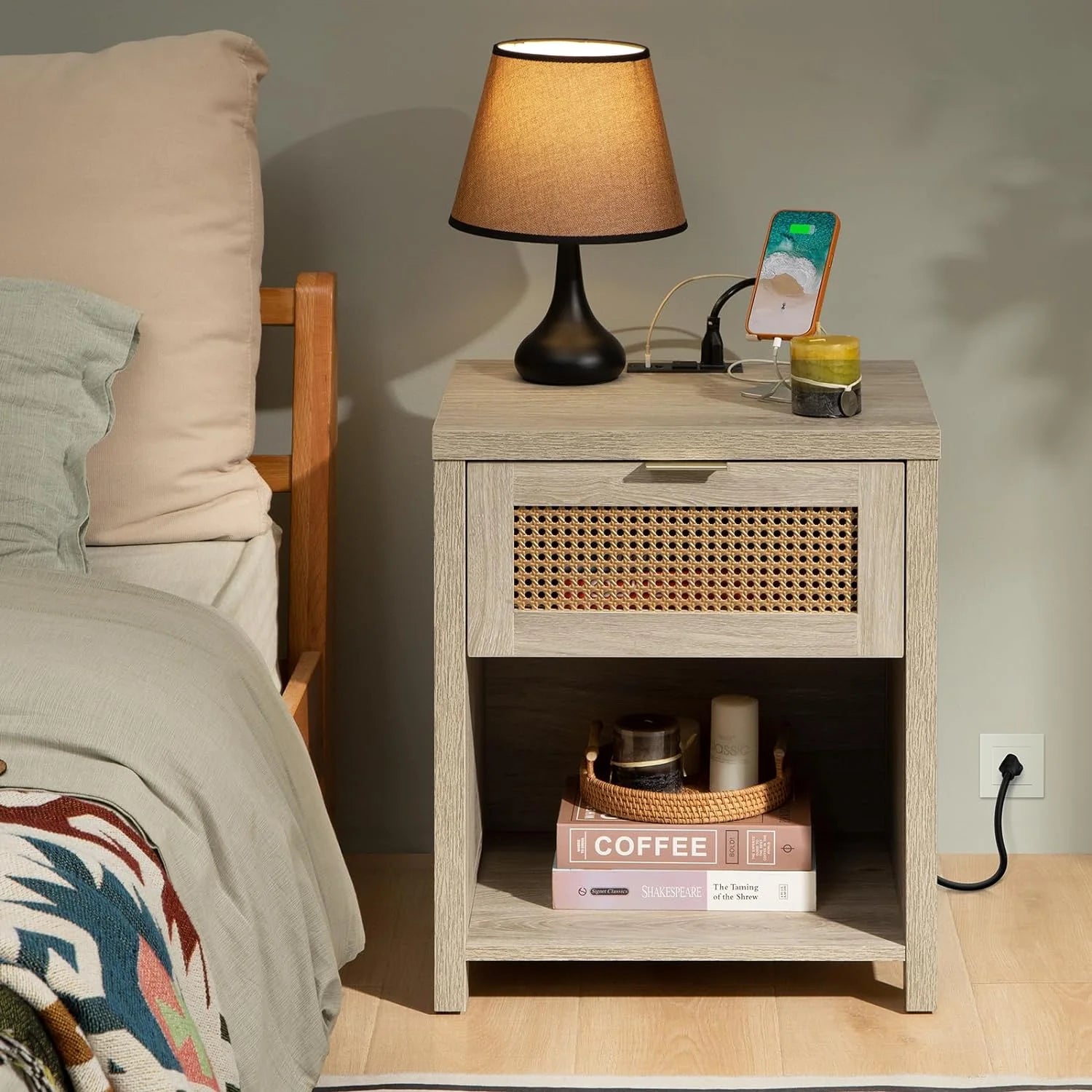Farmhouse Nightstand with Charging Station Wood Drawer Accent Bedside Table with USB Ports Outlets End Table E5494