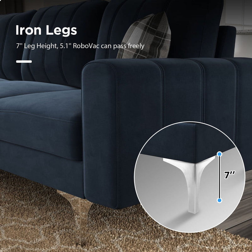 Dark Blue Velvet Convertible Sectional Sofa with Storage Ottoman R985