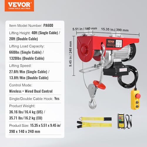 2200 lbs 1600W 110V Electric Steel Wire Winch with Wireless Remote Control 40ft Single Cable Lifting Height C449