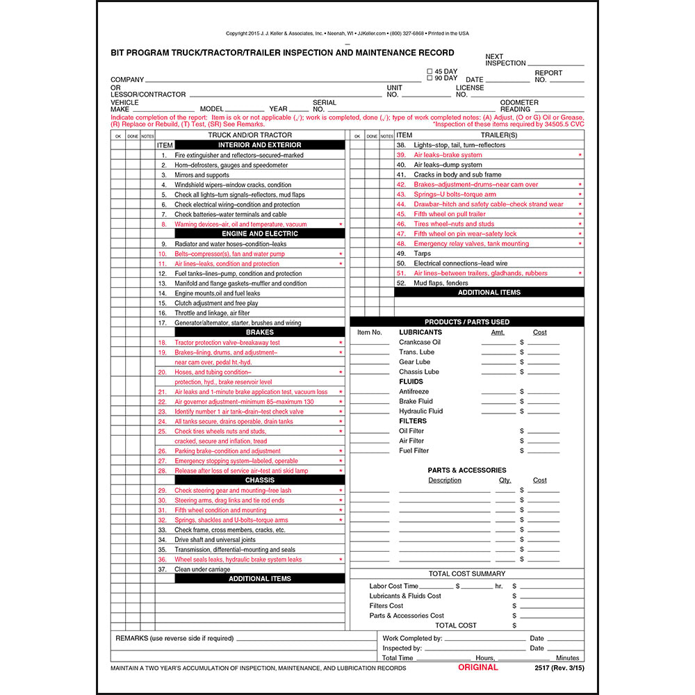 Tractor Trailer Truck Inspection Maintenance Record Form 25-pk Snap-Out 3-Ply Carbon 8.5" x 11.75" R473582