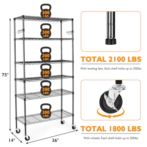 Black 6 Tier Adjustable Metal Wire Shelving Rack with Wheels I971