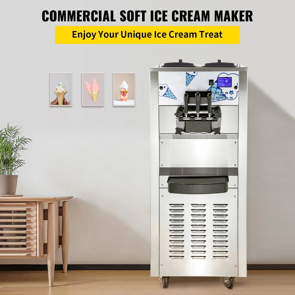 Commercial Ice Cream Maker 2500W with Two 12L Hoppers Soft Serve Machine with 3 Flavors Compressor LCD Panel O970455
