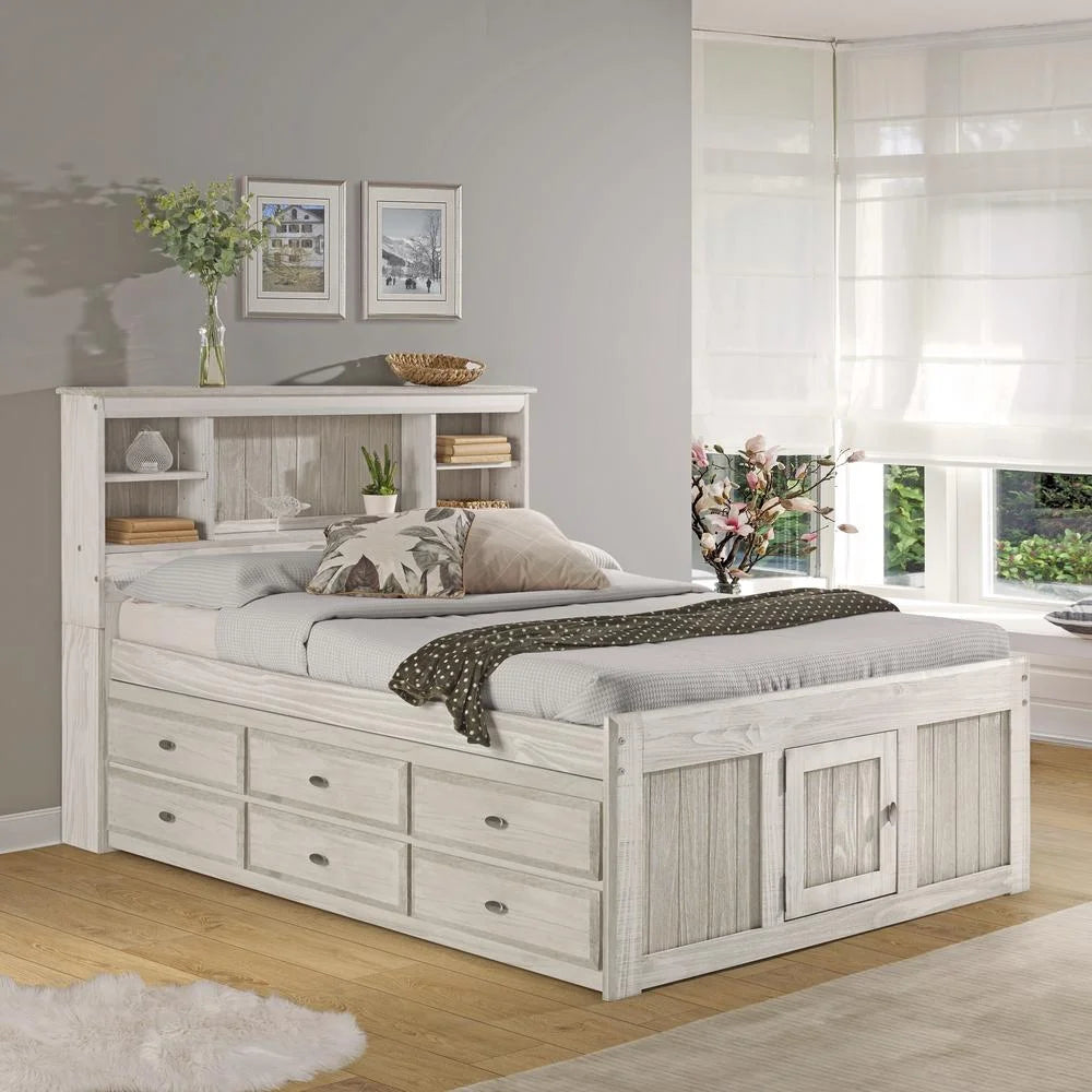 Solid Pine Full Captains Bookcase Bed with 6 Drawers in Light Ash S14969