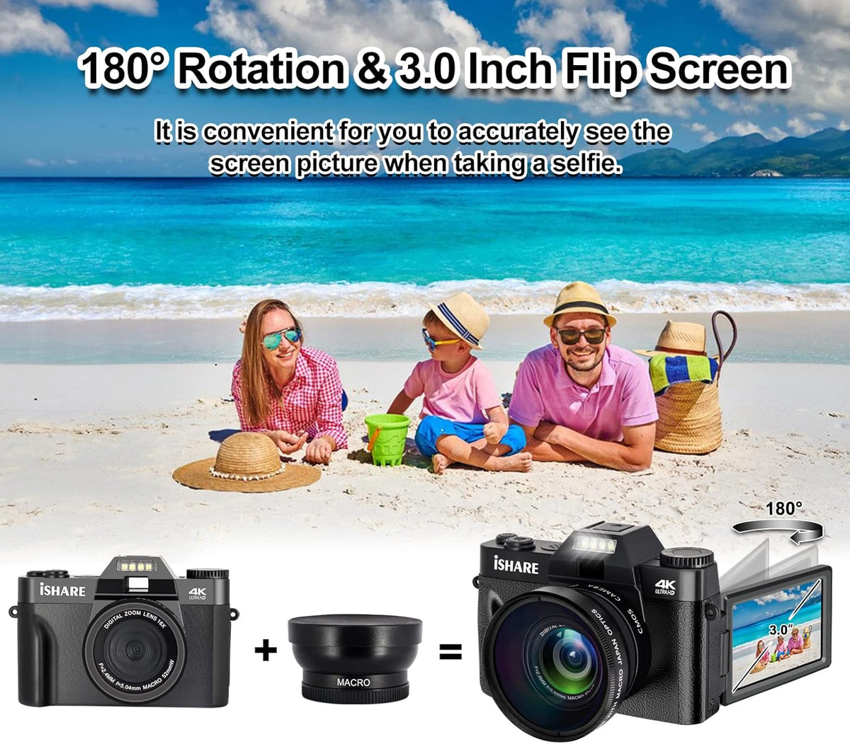 4K 48 MP WiFi Digital Camera with 16X Digital Zoom 3.0 Inch Flip Screen (32GB & 2 x Batteries) D686