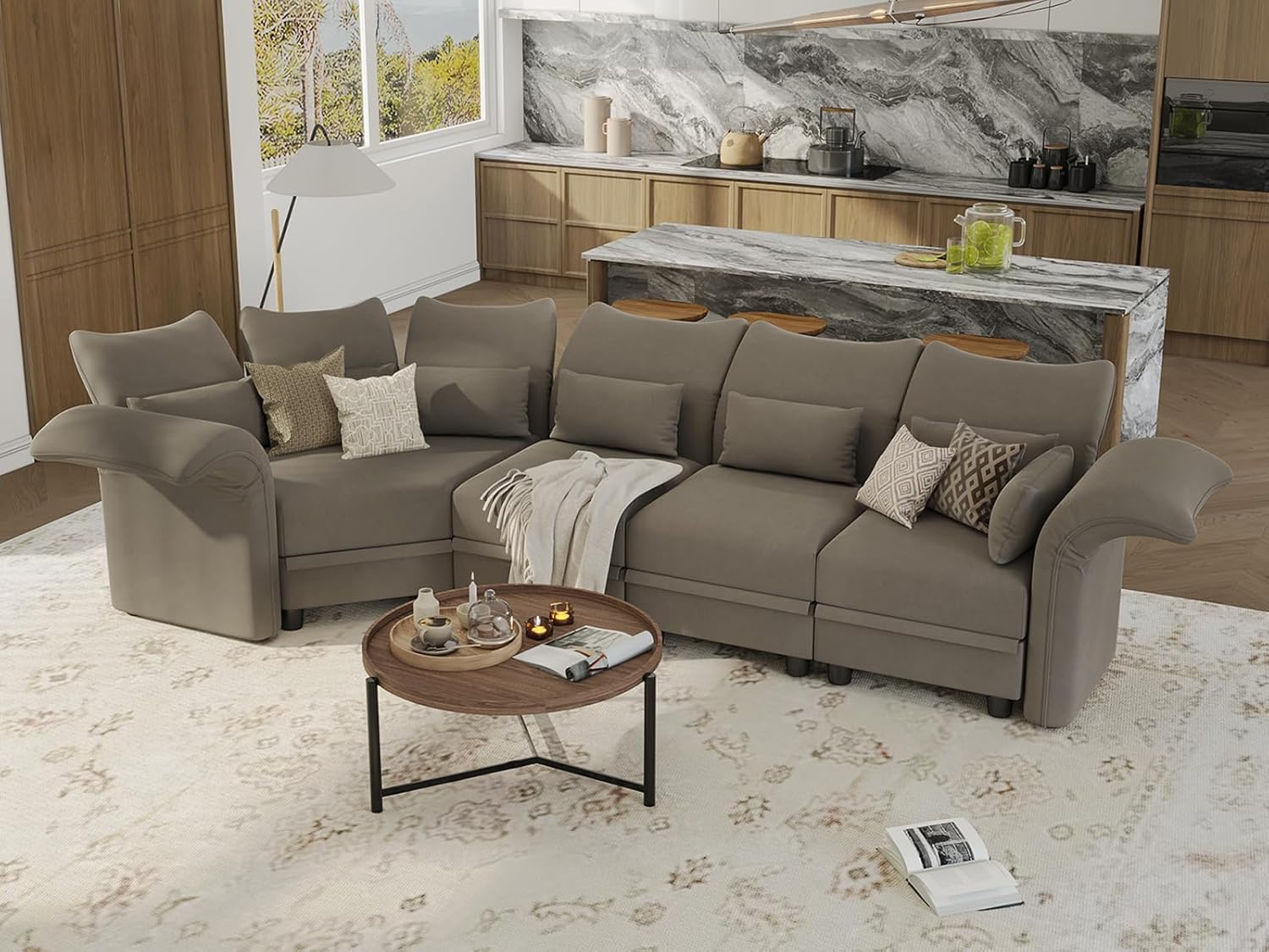 Brown Velvet Modular Sectional Sofa L Shaped Corner Couch with Storage Chaise V494
