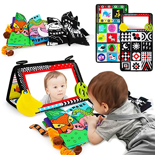 Tummy Time Mirror with Soft Crinkle 3D Cloth Book and Teethers Toys, Black and White Sensory Toys J92954