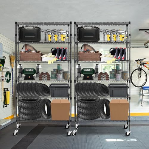 Black 6 Tier Adjustable Metal Wire Shelving Rack with Wheels I971
