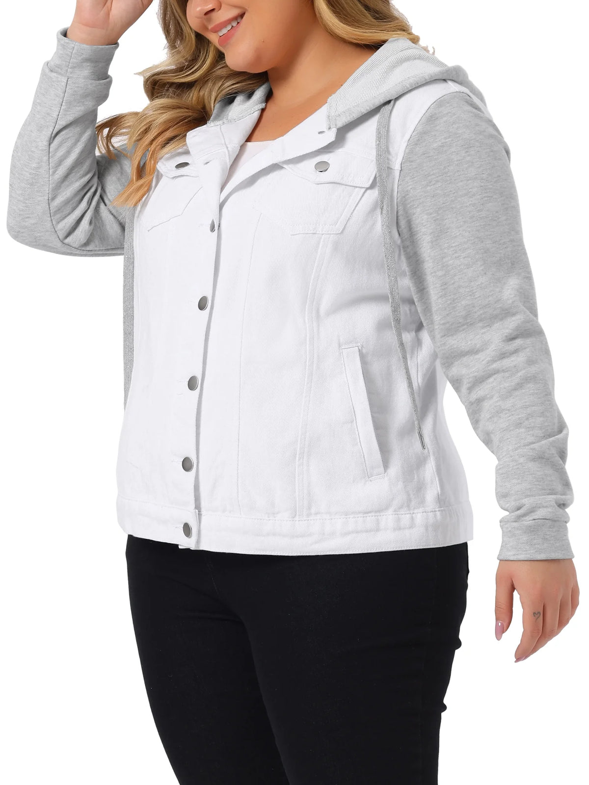 Plus Size Layered Drawstring Hood Denim Jacket T197
