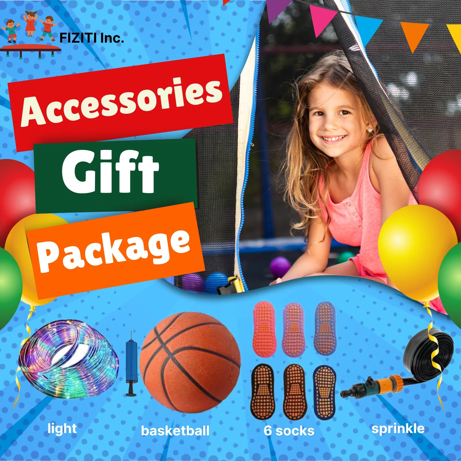 12FT Trampoline with Basketball Hoop, Enclosure Net, Sprinkler, Light, Socks, Ladder A1674