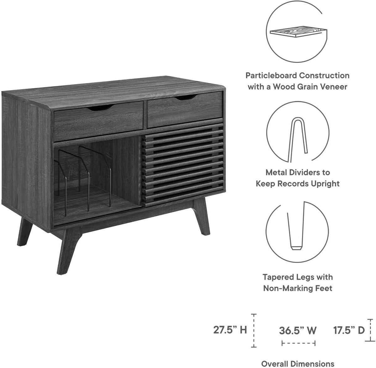 Charcoal Vinyl Record Display Stand with Drawers U369