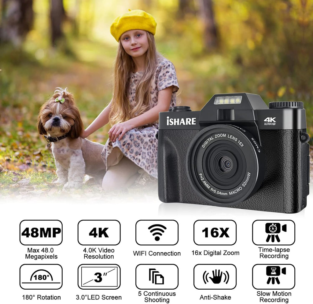 4K 48 MP WiFi Digital Camera with 16X Digital Zoom 3.0 Inch Flip Screen (32GB & 2 x Batteries) D686