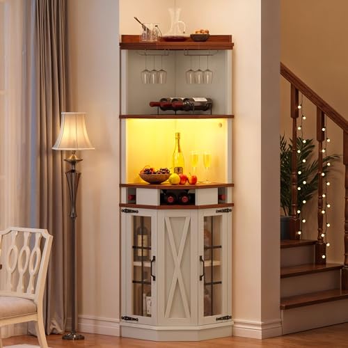72" Tall White Corner Bar Cabinet with Glass Door I91372