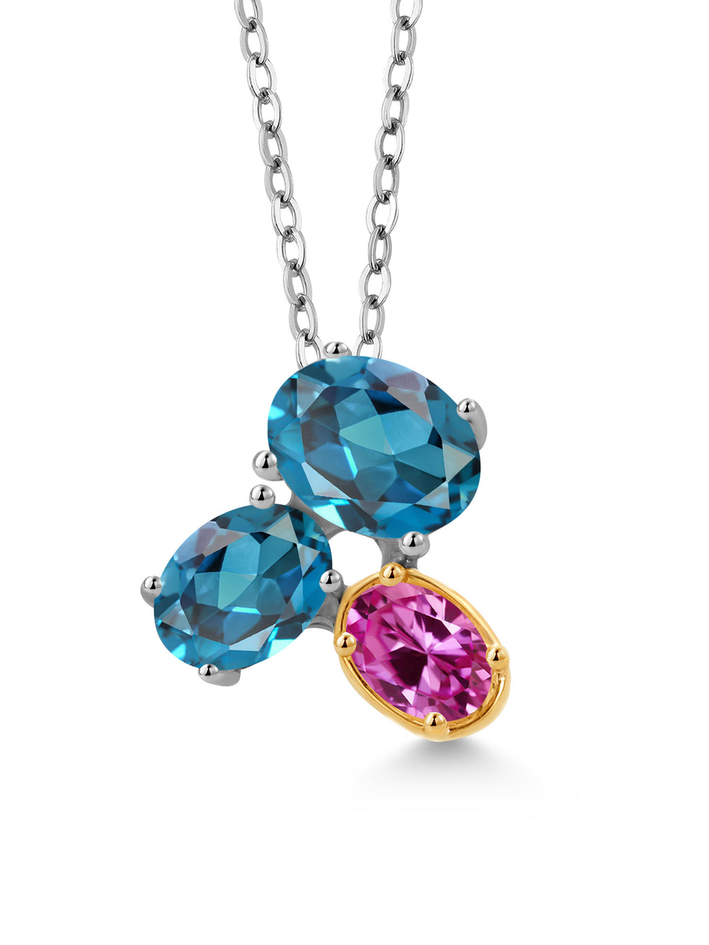 925 Silver 10K Yellow Gold London Blue Topaz Pink Created Sapphire Pendant Necklace 3.00 Cttw Oval 8X6MM 7X5MM 6X4MM 18 inch Chain R7215