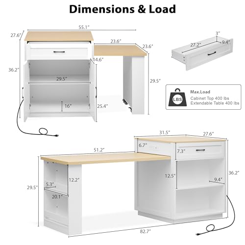 White Oak Kitchen Island with Extendable Dining Table and Storage J509