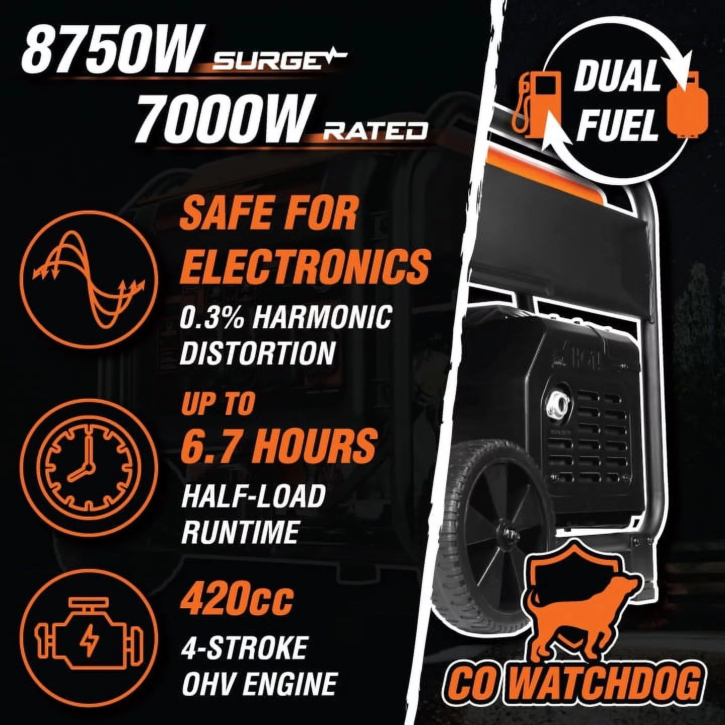 8750-Watt Dual Fuel Open Frame Inverter Generator with Remote Electric Start K207