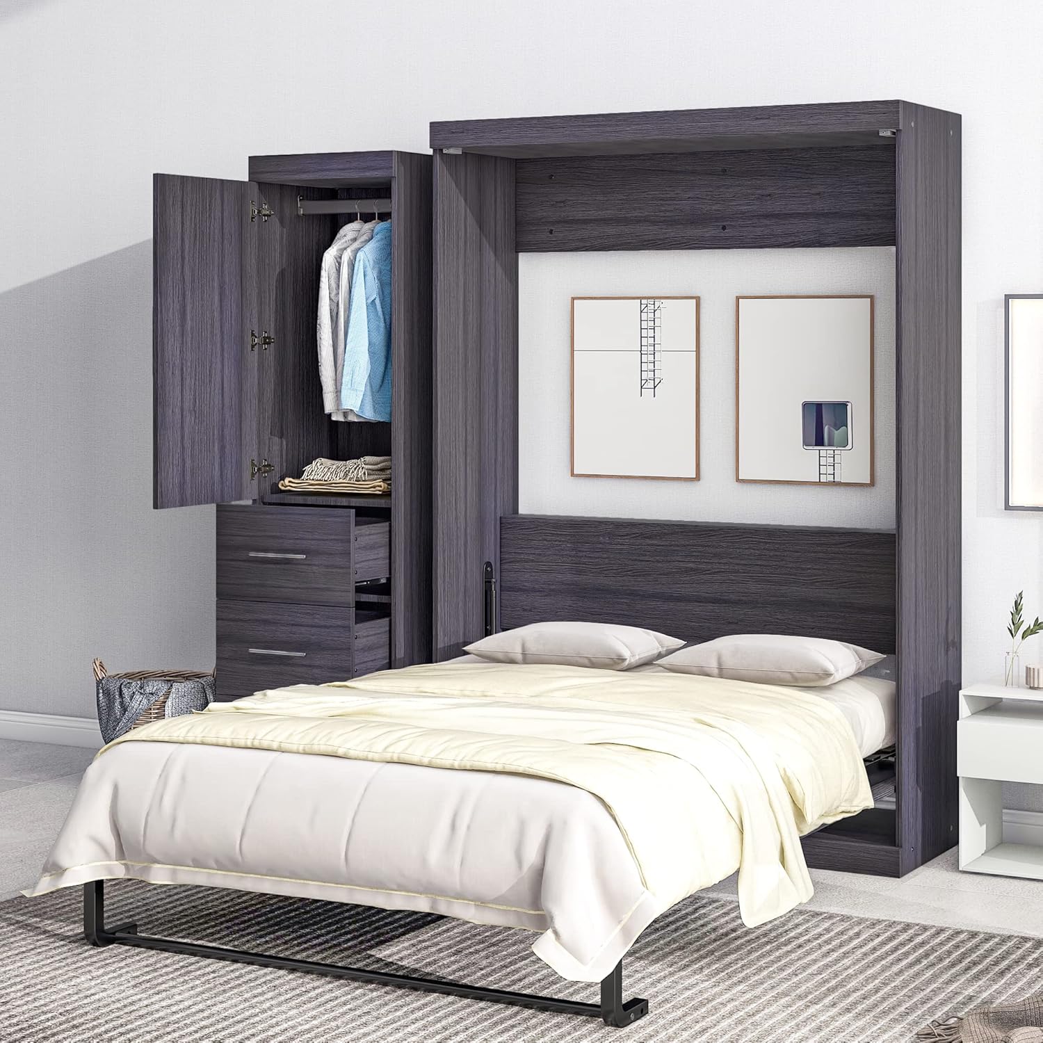 Full Size Wood Murphy Bed with Wardrobe and Drawers Y196