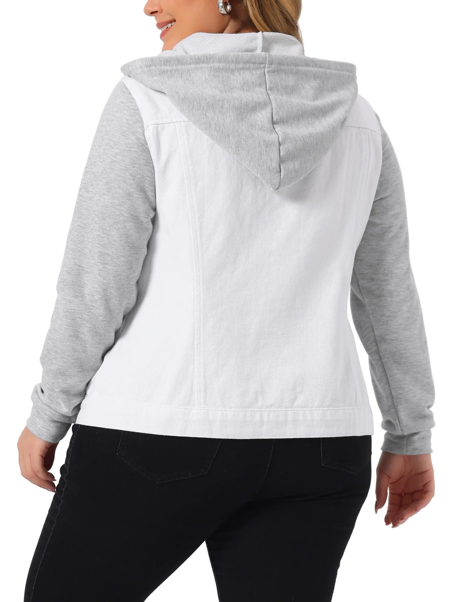 Plus Size Layered Drawstring Hood Denim Jacket T197