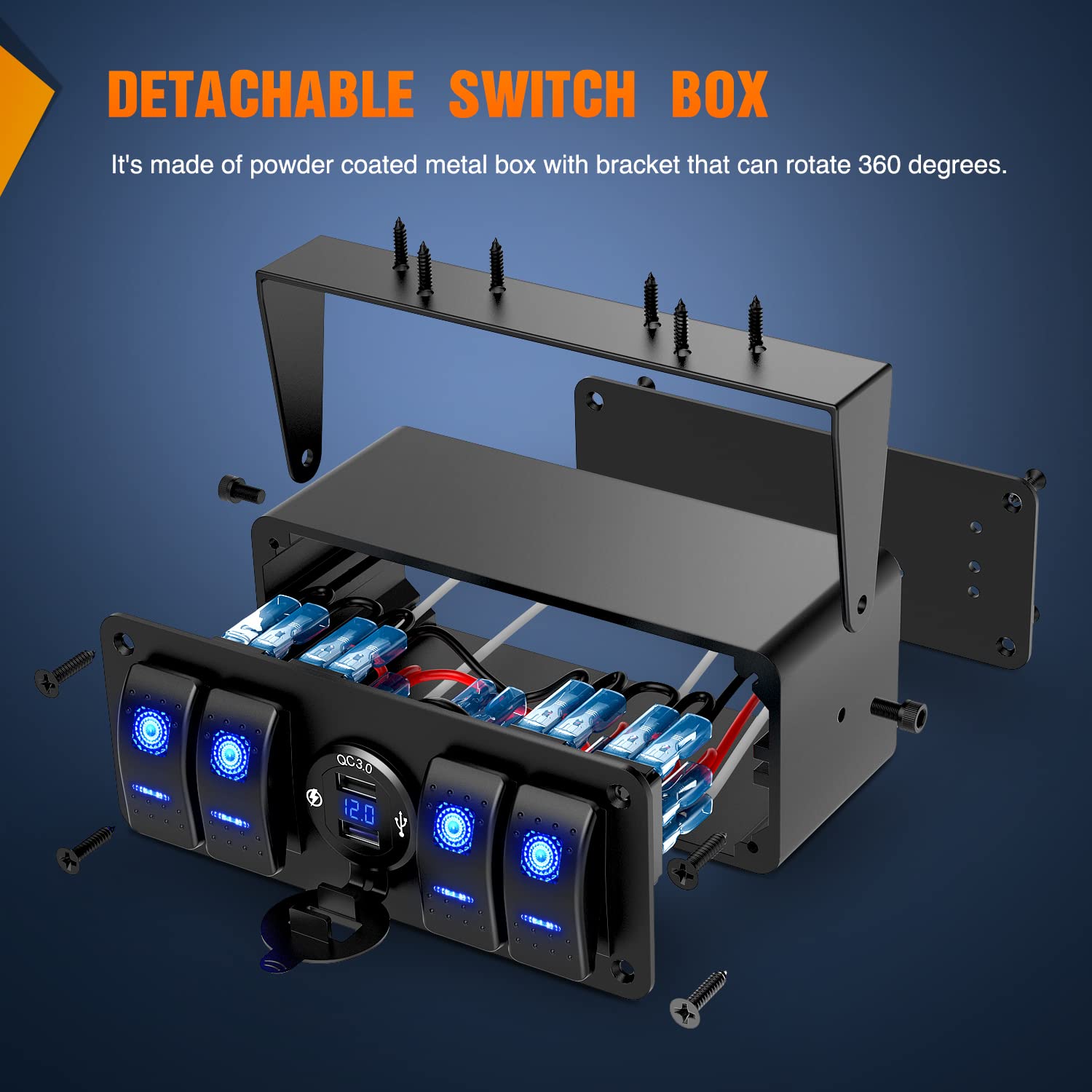 4 Gang Rocker Switch Panel 12V SPST ON Off Switch USB Charger Voltmeter Waterproof Aluminum E868